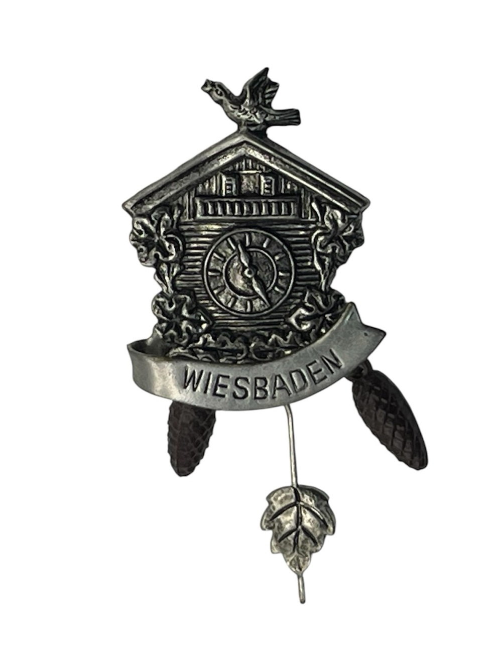 Cuckoo clock souvenir Wiesbaden Germany vintage brooch pin birds silver tone
